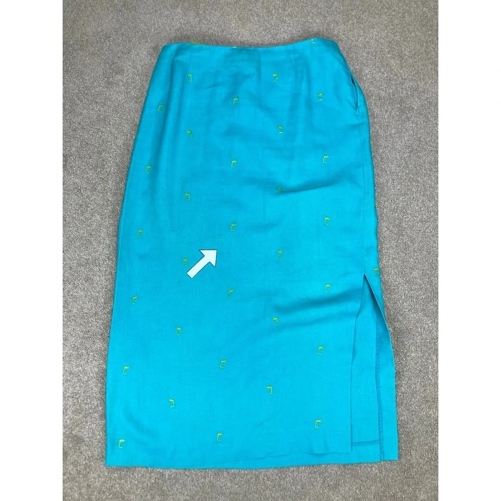 David Brooks VTG Linen Embroidered Midi Skirt Womens 14 Blue Summer Coastal Chic